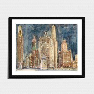 Art Print, Night Skyline Cityscape Pastel